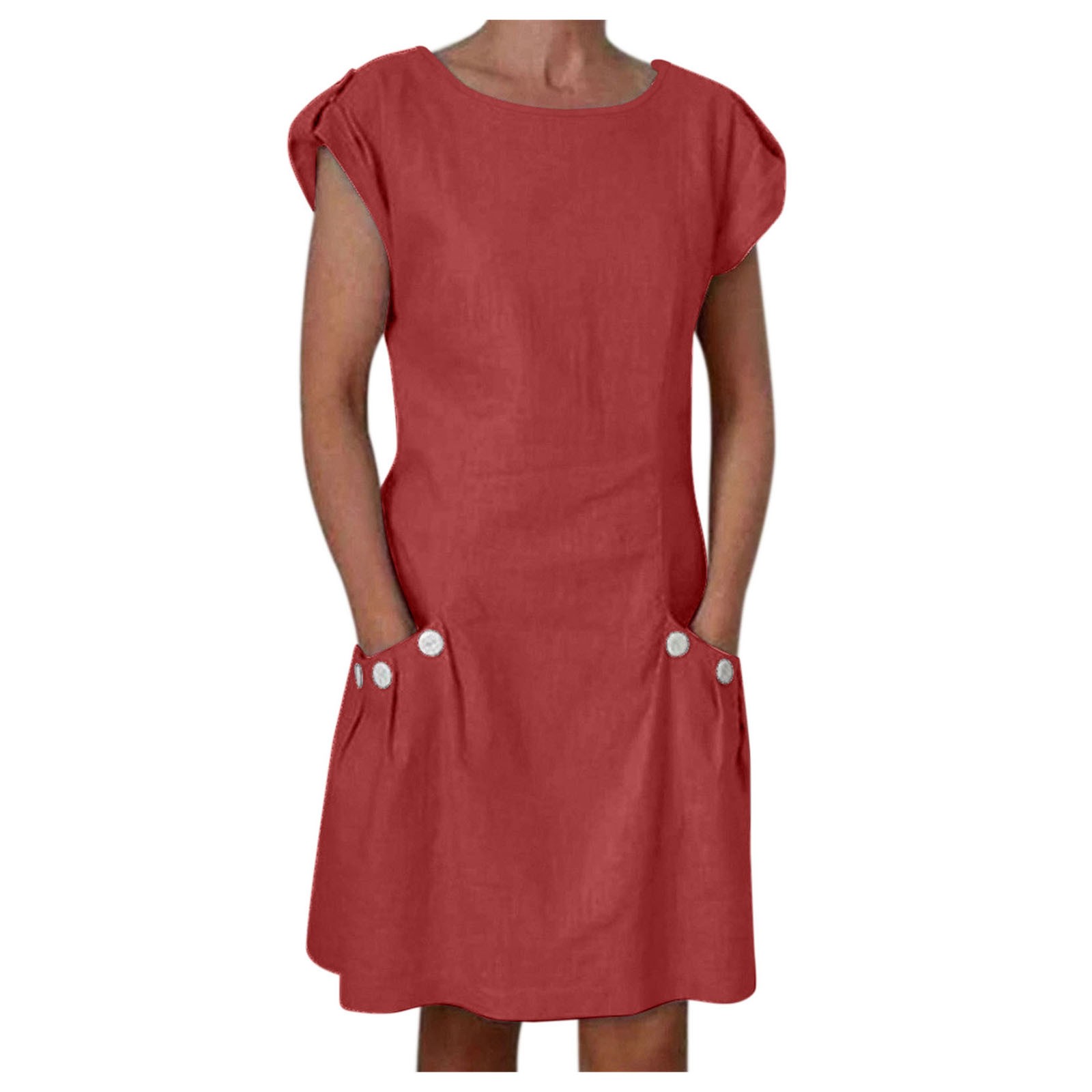 thumbnail image 2 of Vestido informal de mujer con cuello redondo, manga corta, botones, color liso y bolsillos, corte holgado y largo mini, 2 of 8